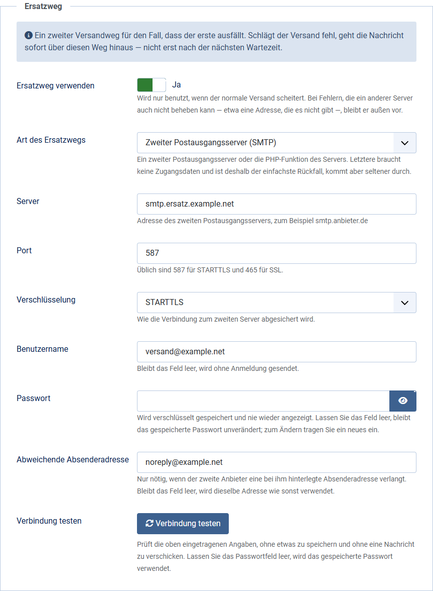 Der Abschnitt Ersatzweg im Optionen-Reiter Zustellung, mit Server, Port, Verschlüsselung und Zugangsdaten