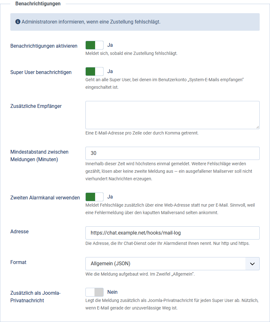 Der Abschnitt Benachrichtigungen im Optionen-Reiter Meldungen, mit dem zweiten Alarmkanal, Adresse und Format