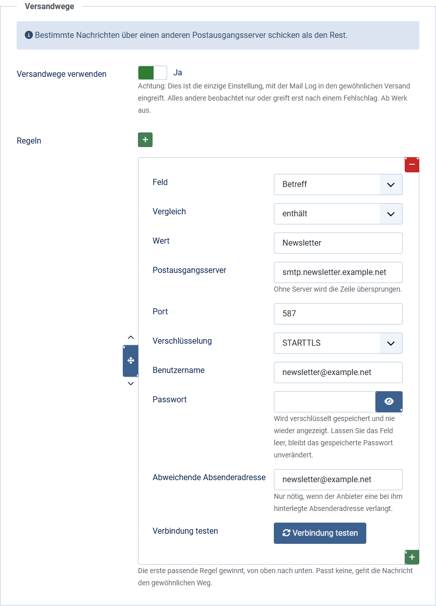 Der Abschnitt Versandwege im Optionen-Reiter Zustellung, mit einer Regel und den Zugangsdaten des zweiten Servers