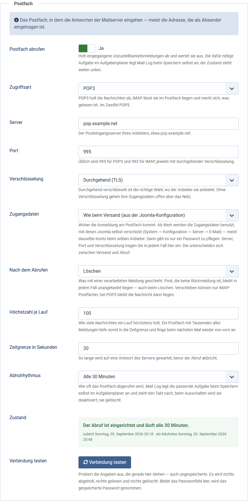 Der Reiter Rückkanal in den Optionen mit den Feldern für Zugriffsart, Server, Port, Verschlüsselung, Zugangsdaten und dem Knopf Verbindung testen