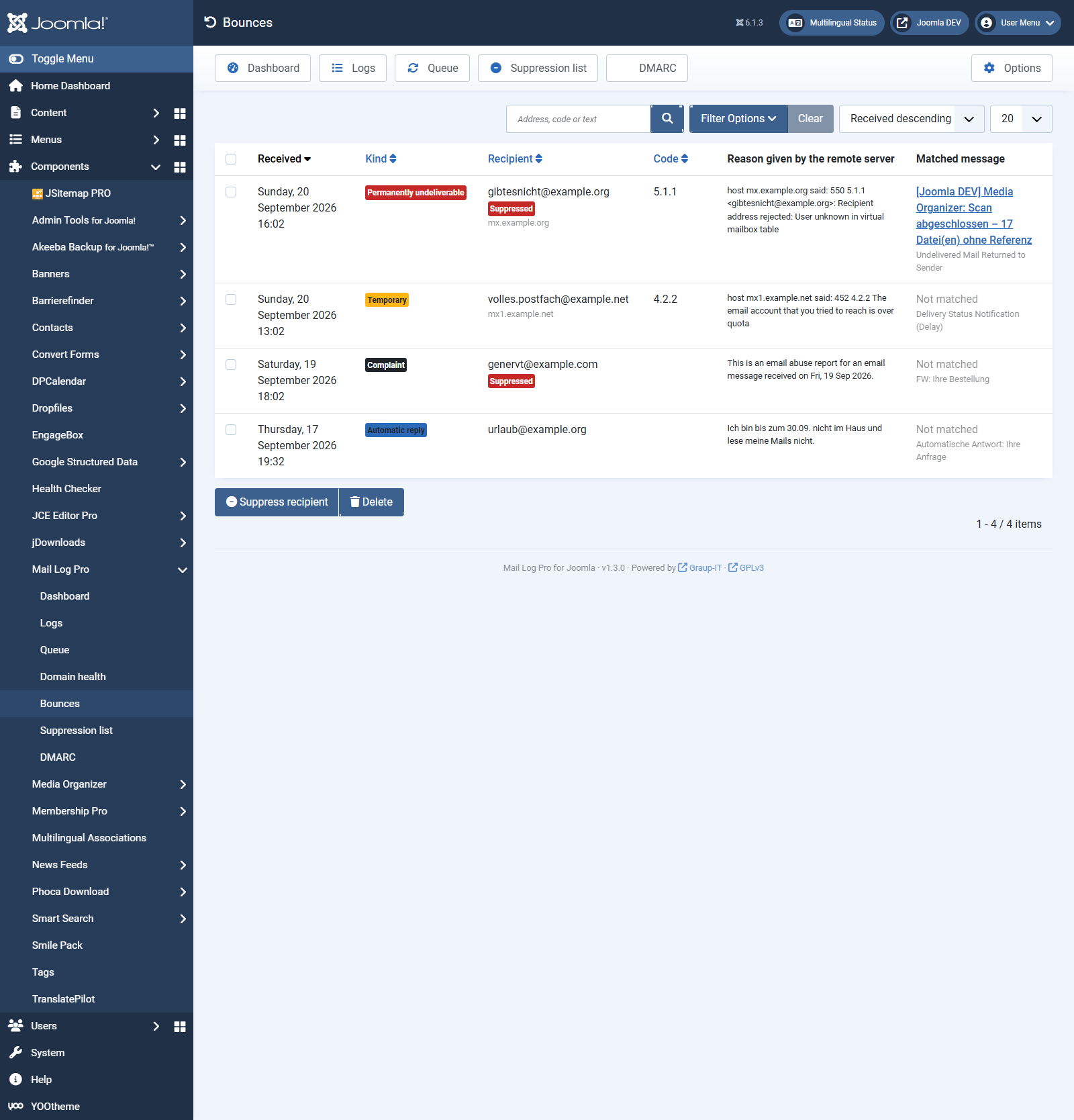 The Bounces screen with four entries: permanently undeliverable, temporary, complaint and automatic reply, each with a status code and the reason given by the remote server