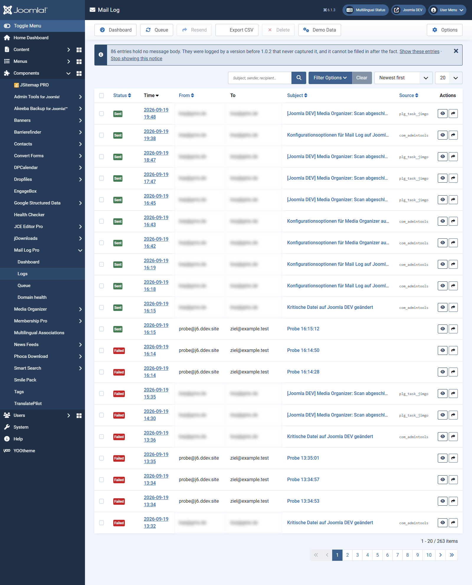 The log list with search bar, filters and result table