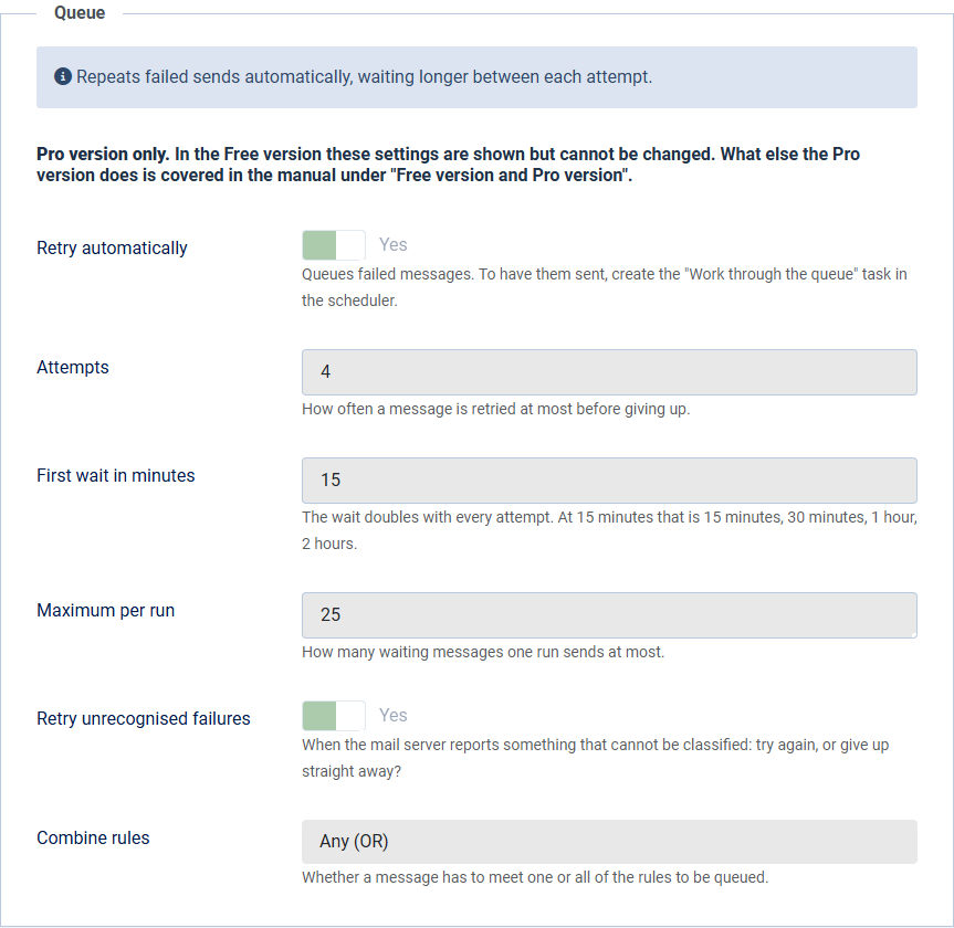 The Queue tab in the Free version: the fields are visible but greyed out and cannot be used