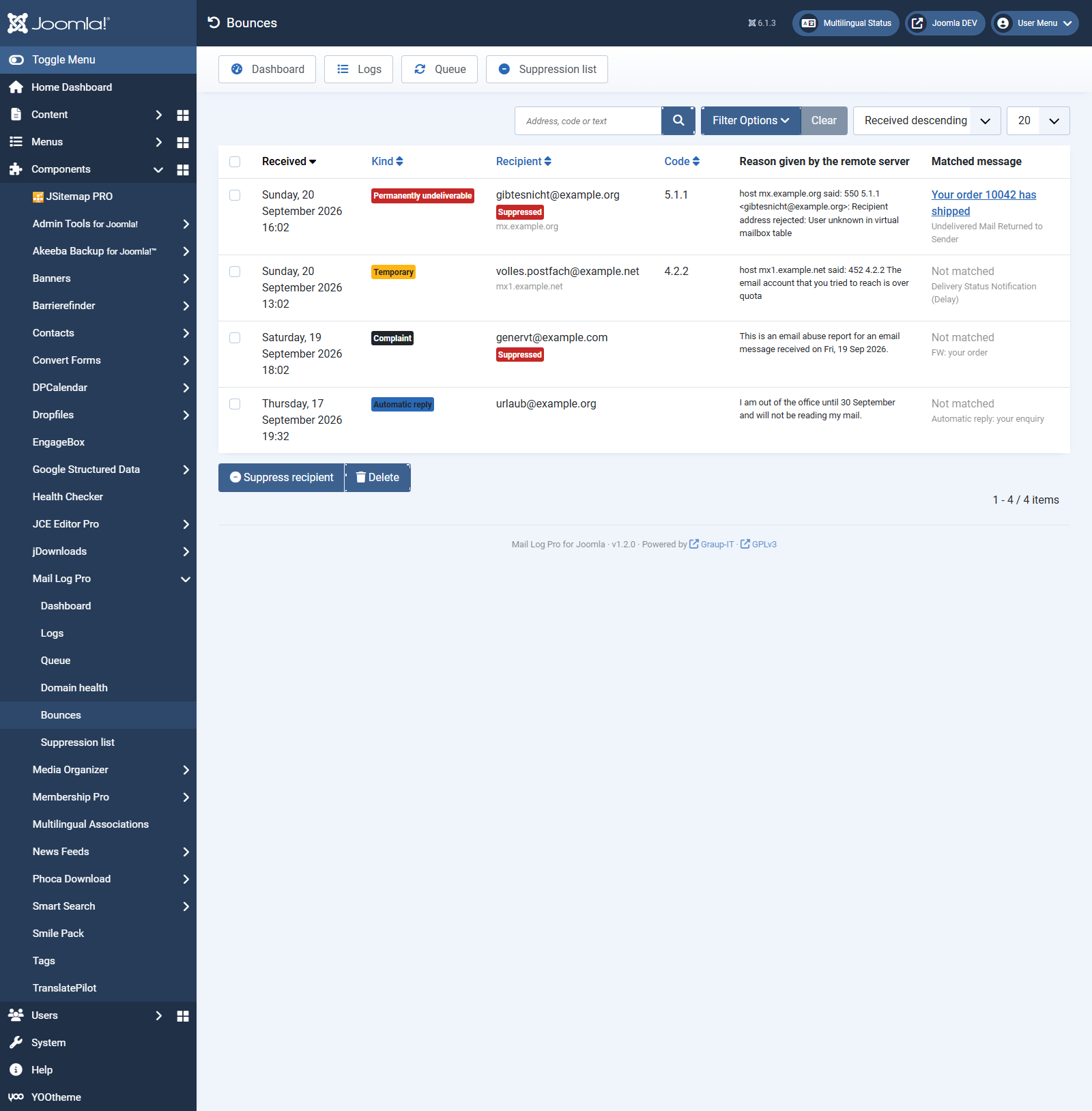 The Bounces screen with four entries: permanently undeliverable, temporary, complaint and automatic reply, each with a status code and the reason given by the remote server