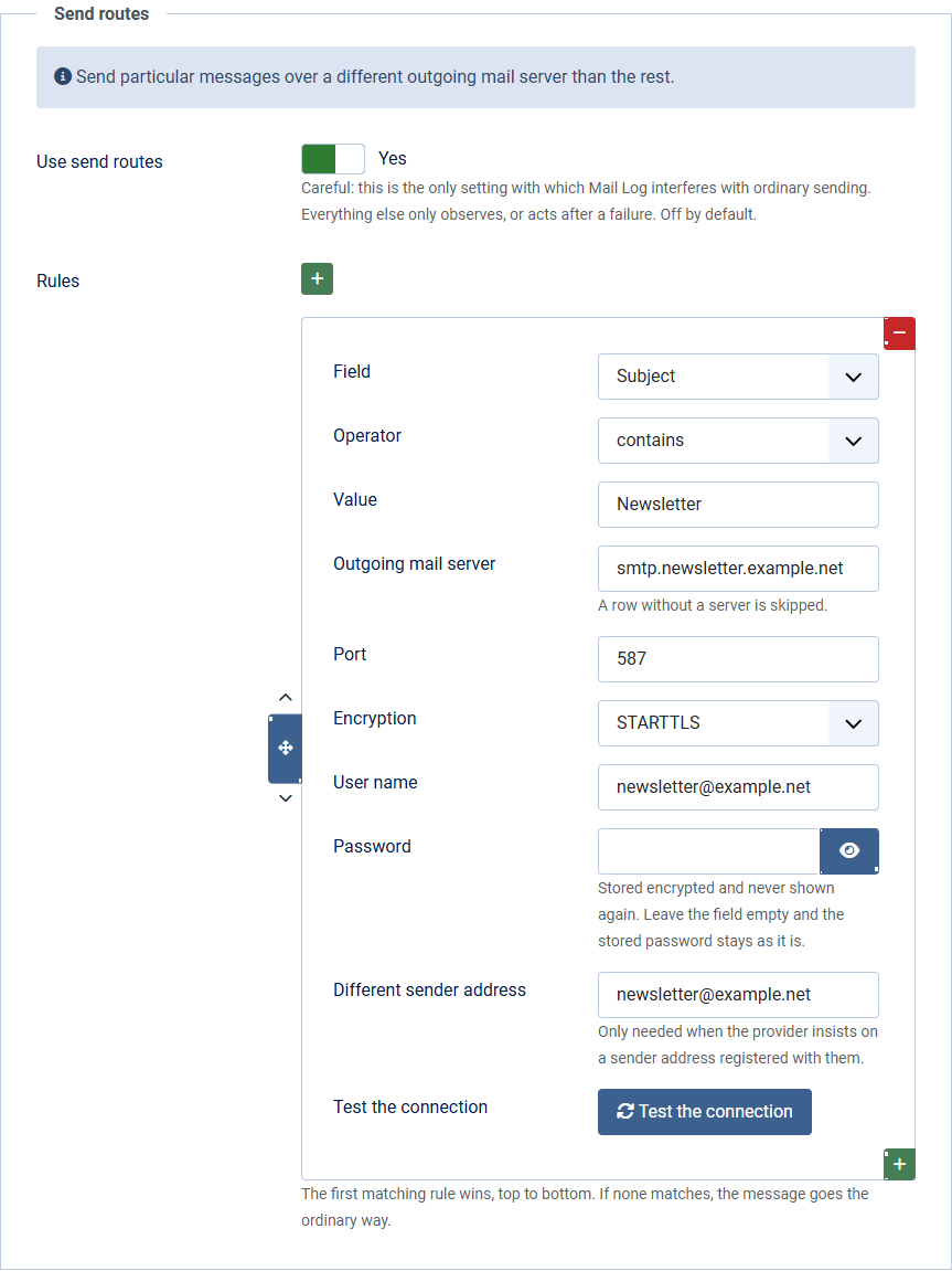 The Send routes tab in the options, with one rule and the credentials of the second server