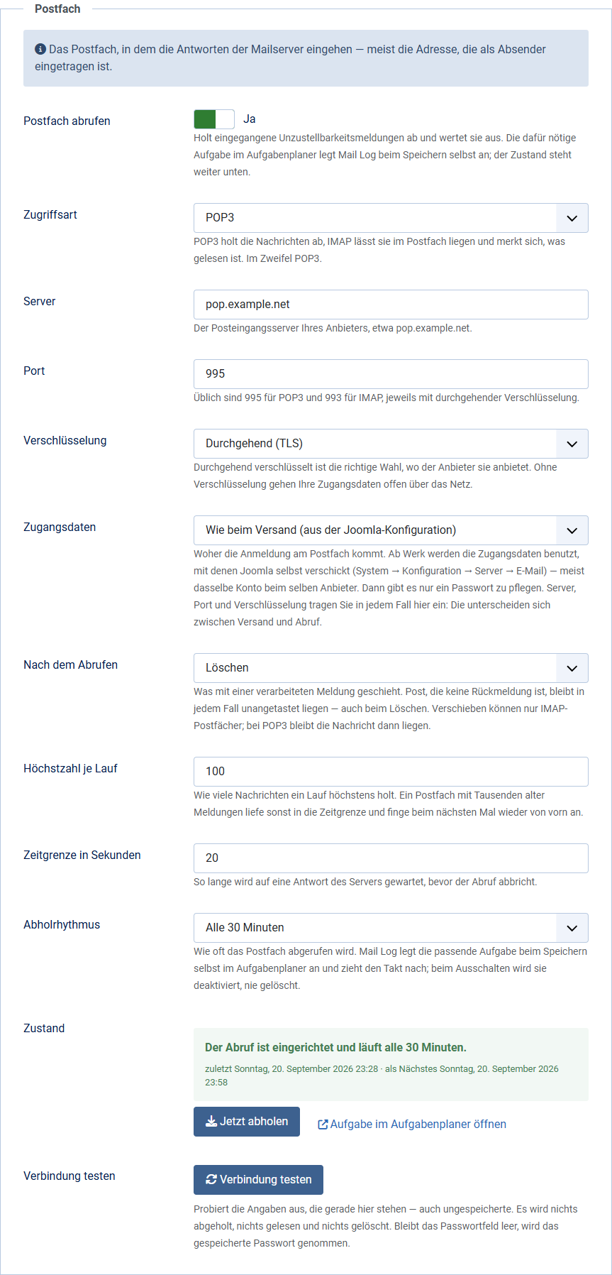 Der Reiter Rückkanal in den Optionen mit den Feldern für Zugriffsart, Server, Port, Verschlüsselung, Zugangsdaten und dem Knopf Verbindung testen
