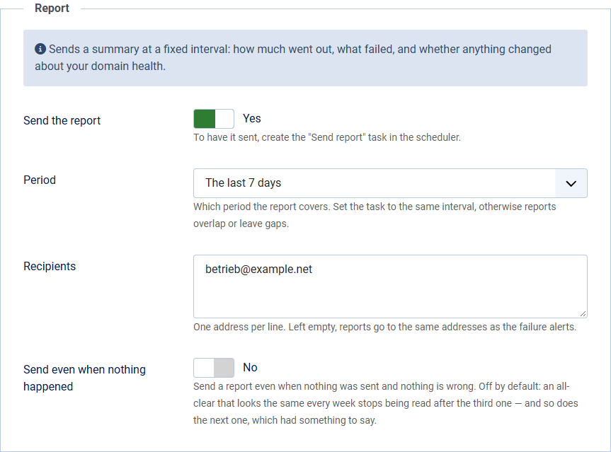 The Report tab in the options, with period, recipients and the question about quiet periods